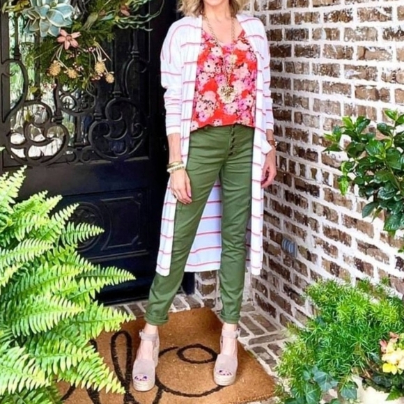 CAbi Orange And White Striped Stroll Long Open Face Cardigan/Duster Sweater Sz M - Picture 2 of 16